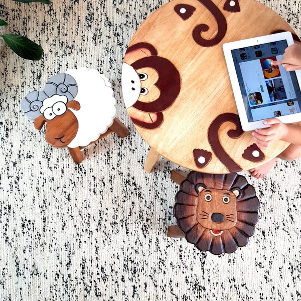 Wood Kids Table Todler Study Play Desk Cartoon Monkey Children Furniture Carousel 9