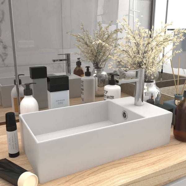 vidaXL Bathroom Sink with Overflow Ceramic Matt White Carousel 1