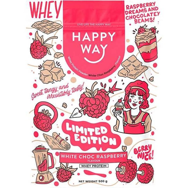 Happy Way Whey Protein Powder White Choc Raspberry 500g Carousel 1
