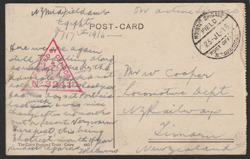 WWI Postcard from Mounted Brigade in Egypt, back to NZ, with message. Carousel 1