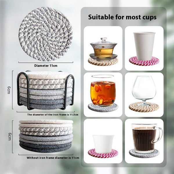 Flax 8 Piece Drink Coasters with Holder Minimalist Cotton Woven 4 Colors Absorbe Carousel 2