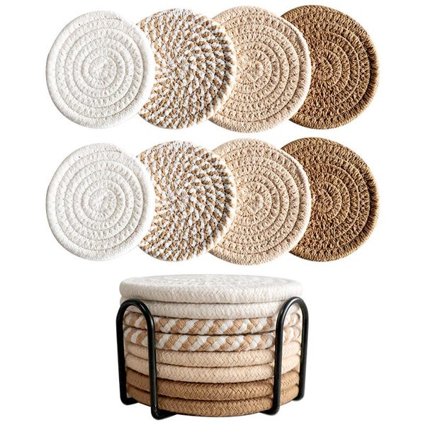 Flax 8 Piece Drink Coasters with Holder Minimalist Cotton Woven 4 Colors Absorbe Carousel 1