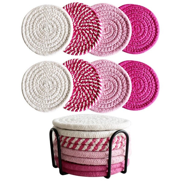 Pink 8 Piece Drink Coasters with Holder Minimalist Cotton Woven 4 Colors Absorbe Carousel 2