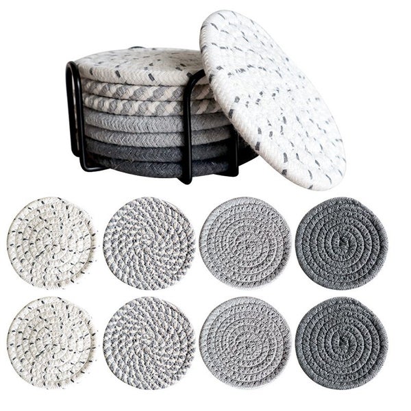 Polka Dot Grey 8 Piece Drink Coasters with Holder Minimalist Cotton Woven 4 Colo Carousel 2