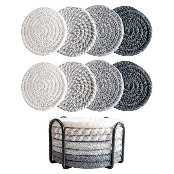 Grey 8 Piece Drink Coasters with Holder Minimalist Cotton Woven 4 Colors Absorbe Carousel 1