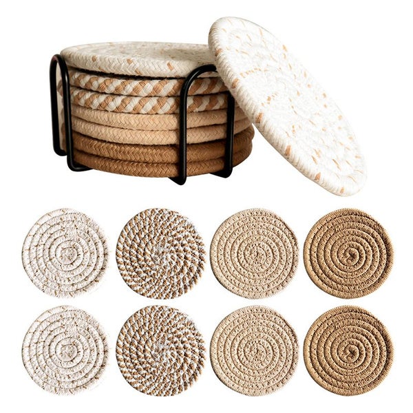 Polka Dot Flax 8 Piece Drink Coasters with Holder Minimalist Cotton Woven 4 Colo Carousel 2