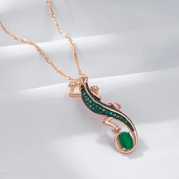 Kinel Hot Green Natural Zircon Lizard Pendant Necklace Carousel 2