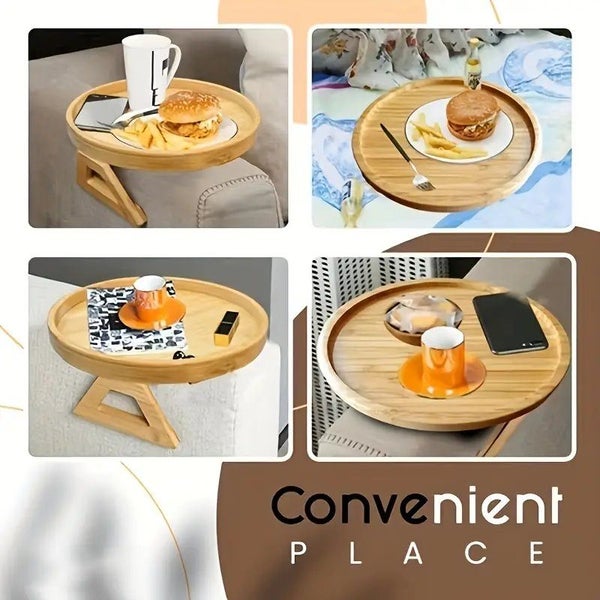 NEW Home Foldable Sofa Armrest Tray Wooden Disc Tray Sofa Armrest Carousel 2
