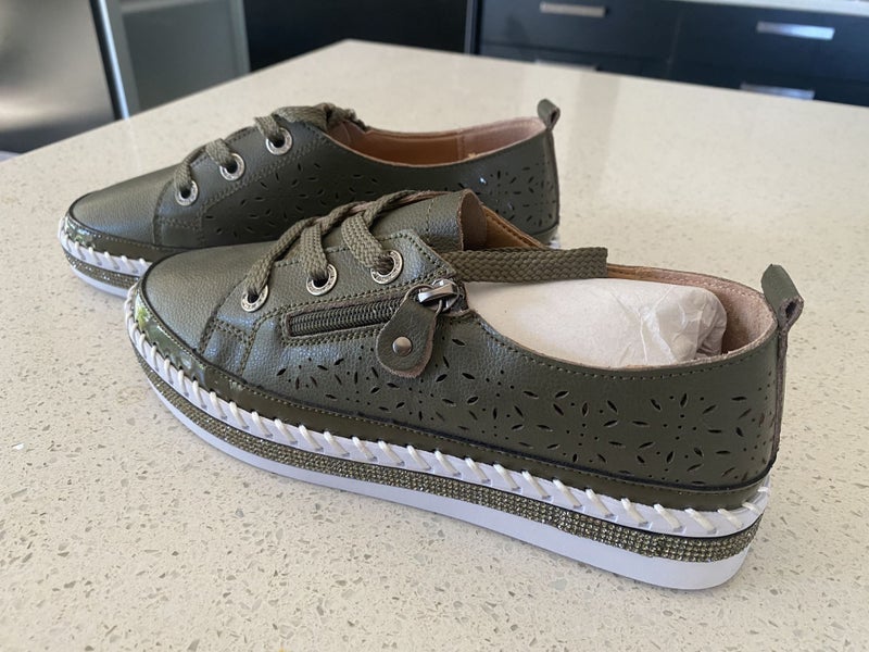 Laser Cut Leather Trainers - Size 9 - Olive Carousel 2