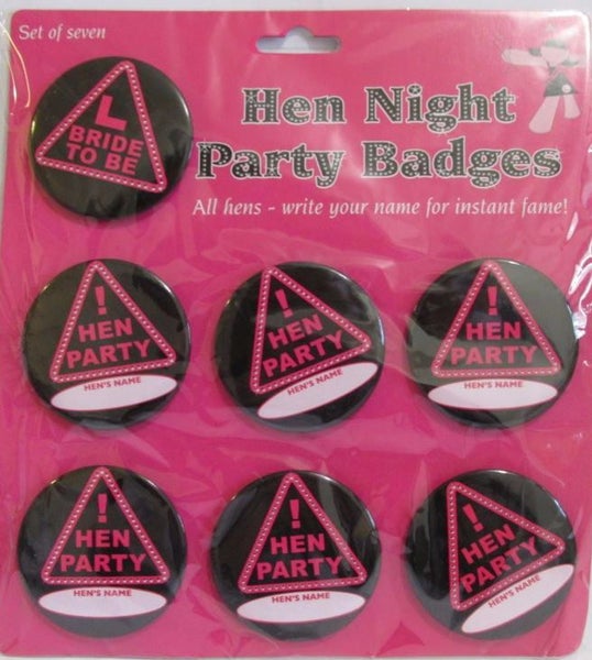 Hen's Night badges, set of 6 plus 'L' badge for the Bride to be. Hot pink/black Carousel 1