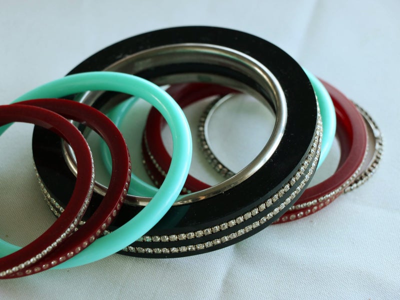 Vintage lot Lucite Stacker Bracelets Bangles set with Diamantes, plastic, mix Carousel 1