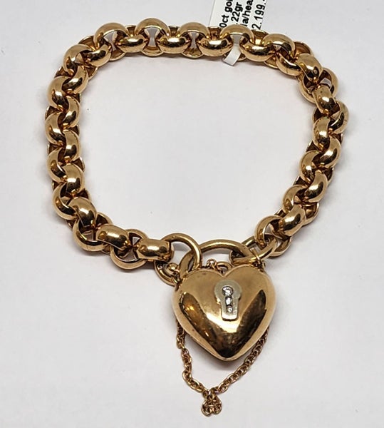10ct Yellow Gold Belcher Link Bracelet with Heart Lock - 16cm - 21.22gm - 172455628647354216981114