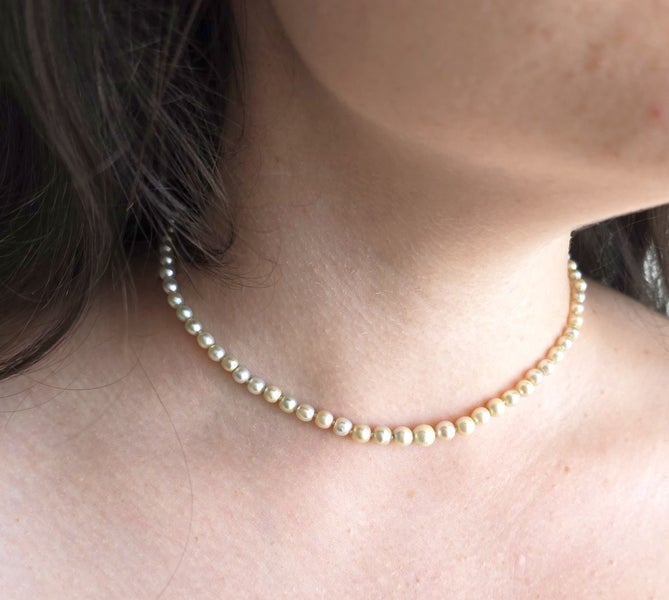 Edwardian natural saltwater pearl strand with 18ct gold,0.57ct old cut diamonds Carousel 2