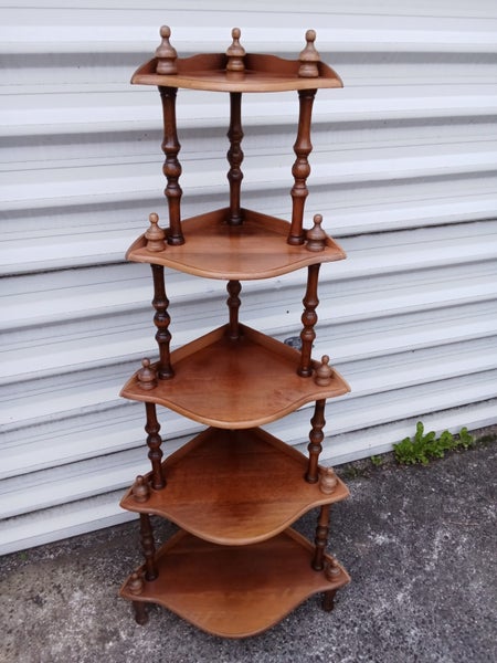 Nice Solid Mahogany Mid Century 5 Shelf Turned Spindle Corner Whatnot StandD Carousel 1