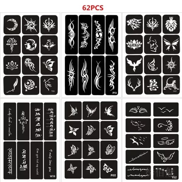 62pcs/set Henna Stencils Reusable Glitter Tattoo Sjablonen Butterfly Tiger Rose Carousel 2