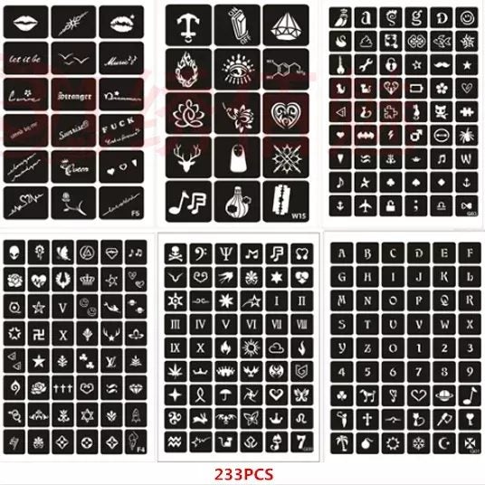 62pcs/set Henna Stencils Reusable Glitter Tattoo Sjablonen Butterfly Tiger Rose Carousel 1