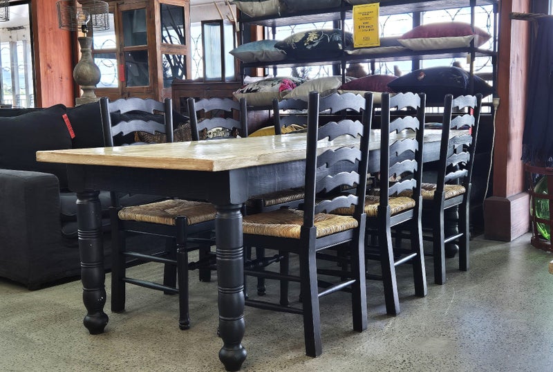 RUSTIC TABLE WITH 6 RATTAN LADDER BACK CHAIRS Carousel 1