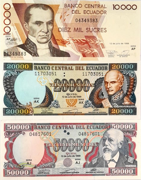 ECUADOR 1999 10000, 20000, 500000 Sucres banknotes UNC Carousel 1