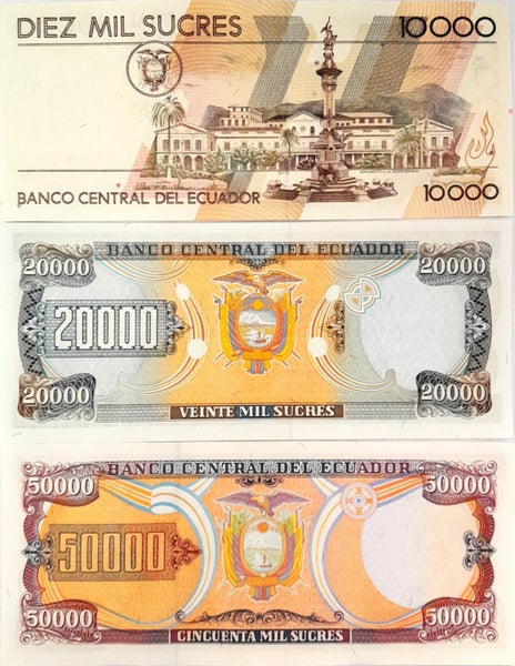 ECUADOR 1999 10000, 20000, 500000 Sucres banknotes UNC Carousel 2