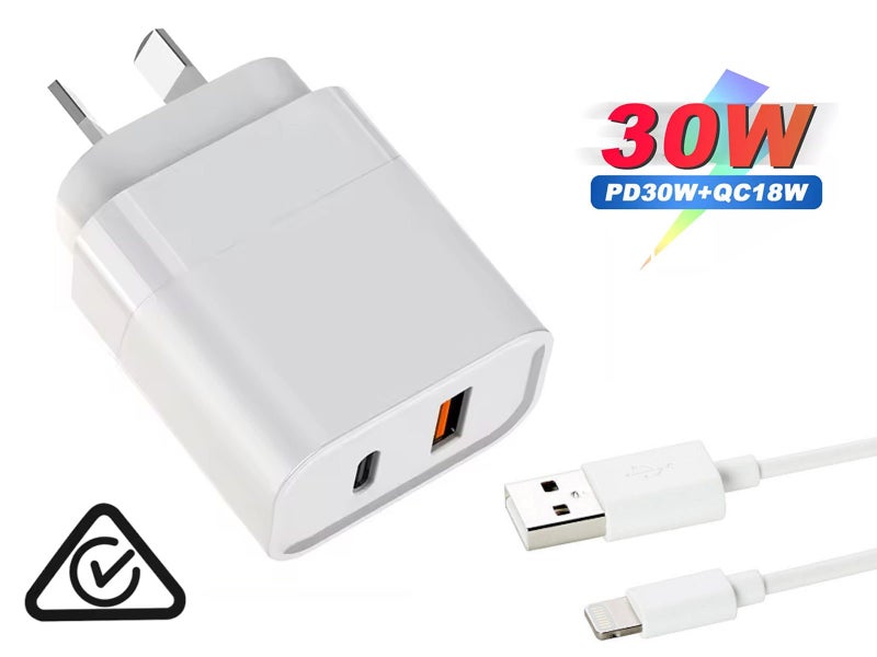 30W Superfast compatible Dual Wall Charger with USB-A to Lightning Carousel 2