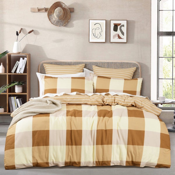 300 TC Cotton Reversible Quilt / Duvet Cover Set Queen Berlin Checks Carousel 1