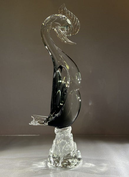 Large Mid-Century Murano Crested Bird – Clear & Smokey Grey Glass62864732796163112
