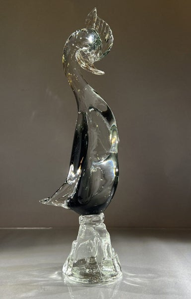 Large Mid-Century Murano Crested Bird – Clear & Smokey Grey Glass62864732796163114