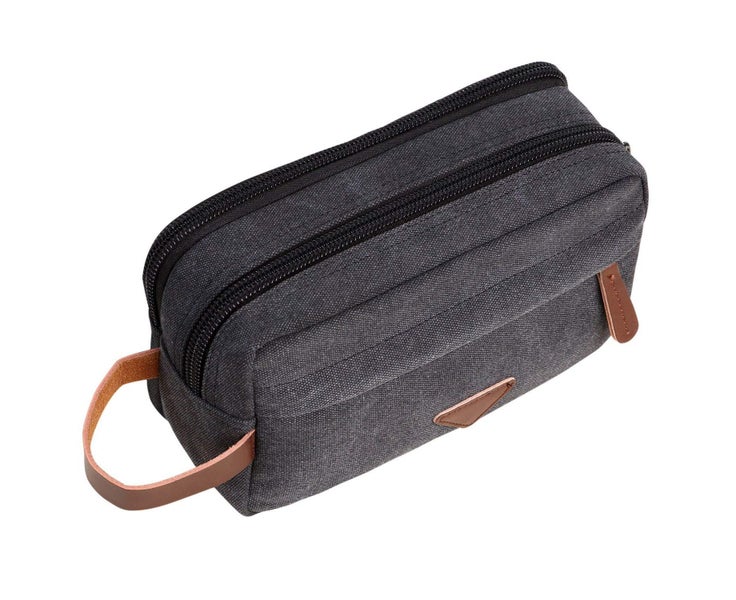 Mens Travel Toiletry Bag with Double Compartments Canvas Leather-Black Carousel 1