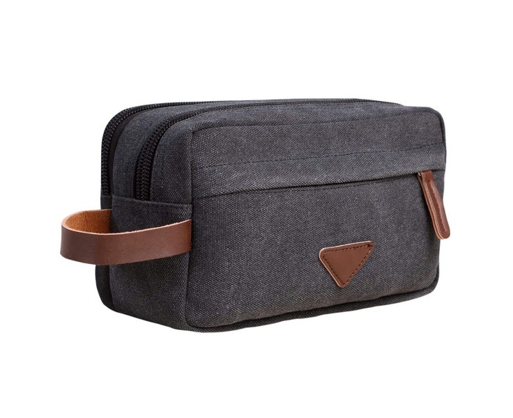 Mens Travel Toiletry Bag with Double Compartments Canvas Leather-Black Carousel 5