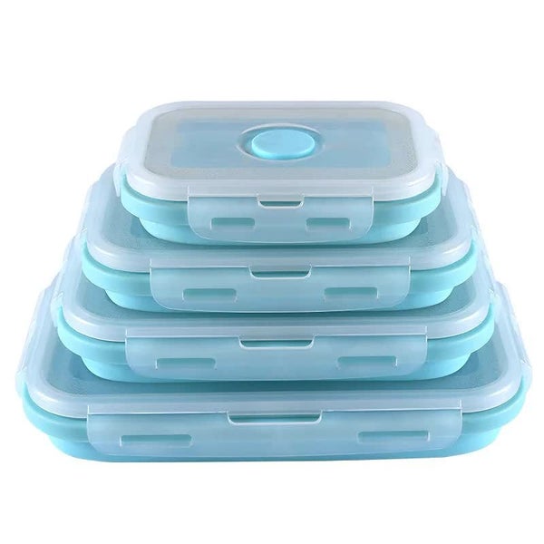Elosung Blue Collapsible Silicone Bento Box Set 4 Piece Food Grade Microwave & F Carousel 1