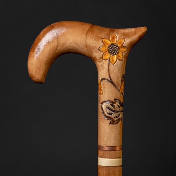 Walking Stick Cane Handmade Derby Cane Sunflower Design Natural Wood Carousel 1