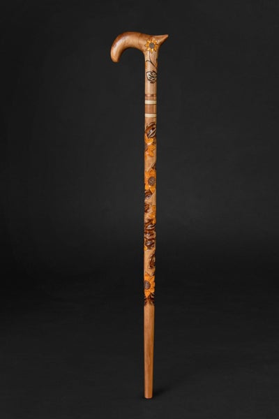 Walking Stick Cane Handmade Derby Cane Sunflower Design Natural Wood Carousel 2