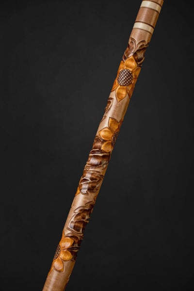 Walking Stick Cane Handmade Derby Cane Sunflower Design Natural Wood Carousel 3