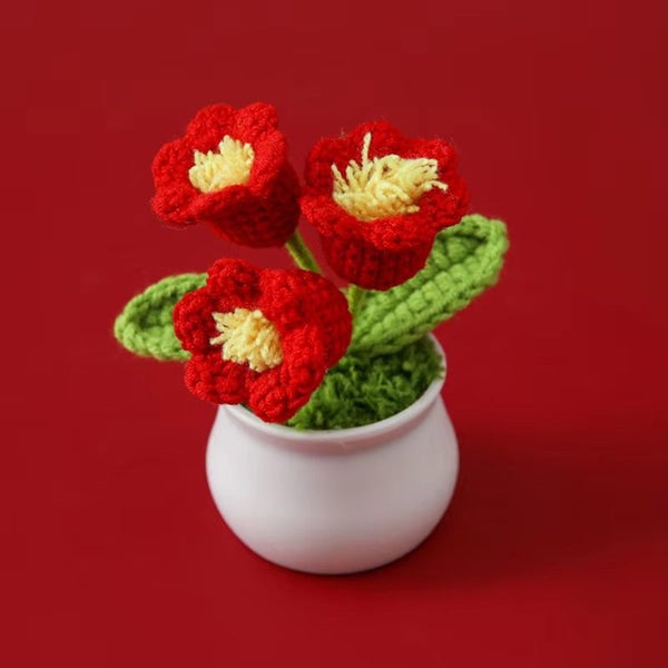 Tulip Handmade Crochet Flowers Potted Finished Woven Bouquet, Red Carousel 1