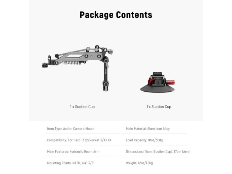 NEEWER Hydraulic Boom Arm Suction Cup For GoPro 13 12 Pocket 3 Carousel 8