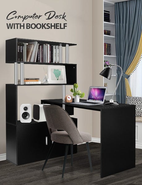 Black Office Computer Desk L Shaped Rotating Corner Study Writing Table Shelves Carousel 1