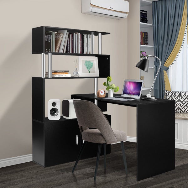 Black Office Computer Desk L Shaped Rotating Corner Study Writing Table Shelves Carousel 2