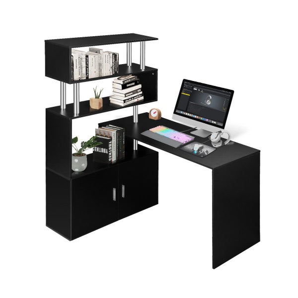 Black Office Computer Desk L Shaped Rotating Corner Study Writing Table Shelves Carousel 12