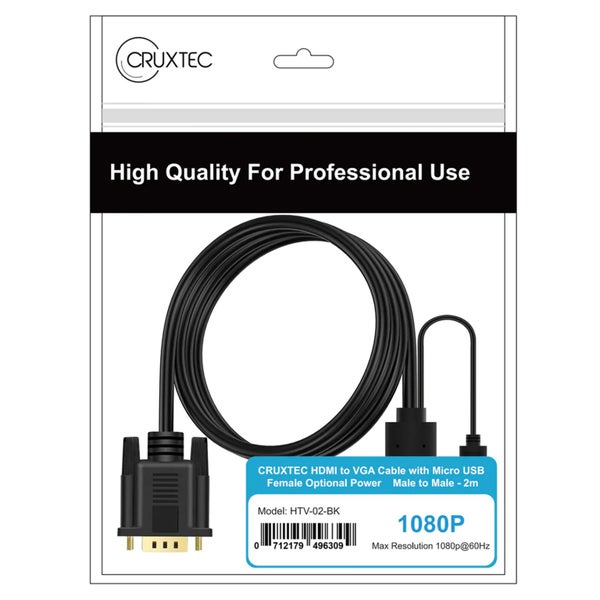 Cruxtec 2m HDMI Male to VGA Male Cable with Micro USB Female ( 1920x1080 ) Carousel 5