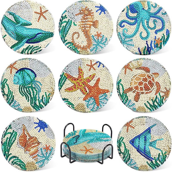 8pcs DIY Diamond Painting Coasters DIY Craft Kit with Holder Carousel 1