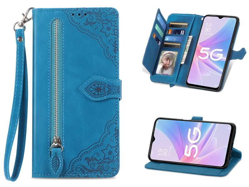 PU Leather Stand Wallet Case Cover for OPPO A78 5G with Wrist Strap Blue Carousel 1