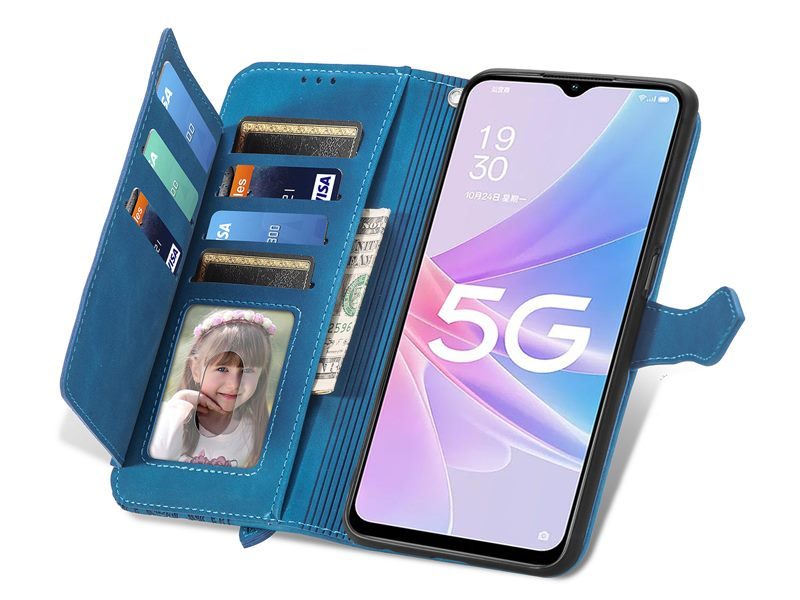PU Leather Stand Wallet Case Cover for OPPO A78 5G with Wrist Strap Blue Carousel 2