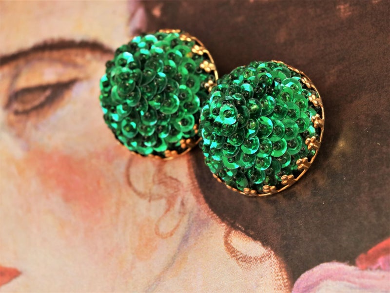 Vintage Runway hand-made Green Emerald sequined dome Earrings - Clip Carousel 2