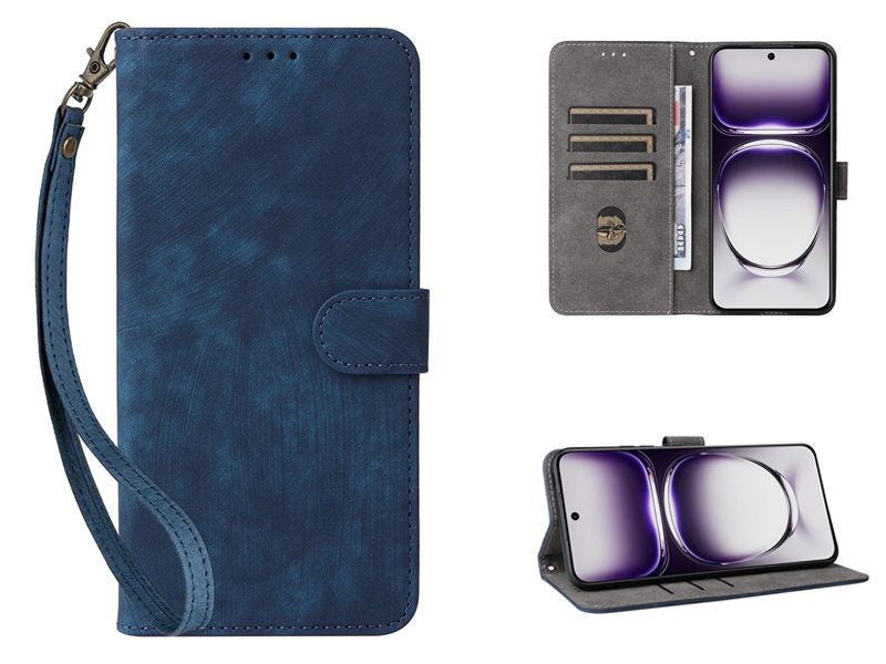 PU Leather Wallet Case Cover for OPPO Reno12 5G with Wrist Strap Blue Carousel 1