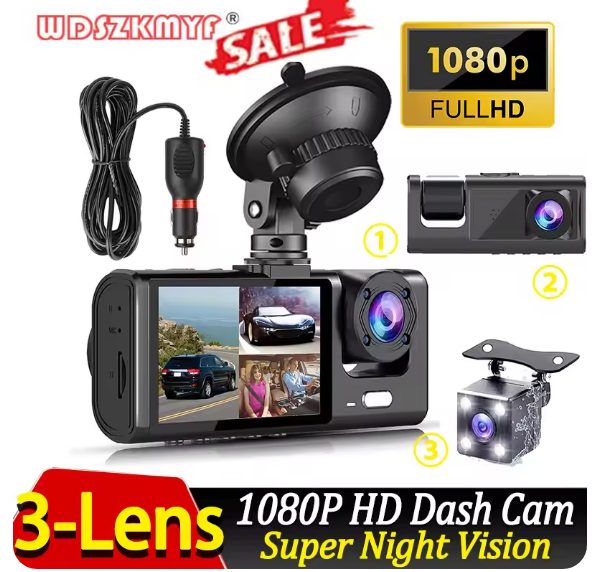 24Hrs Monitor 1080P Dual 3 Lens Front, Inside, Rearview Car Dashcam Cameras Carousel 1