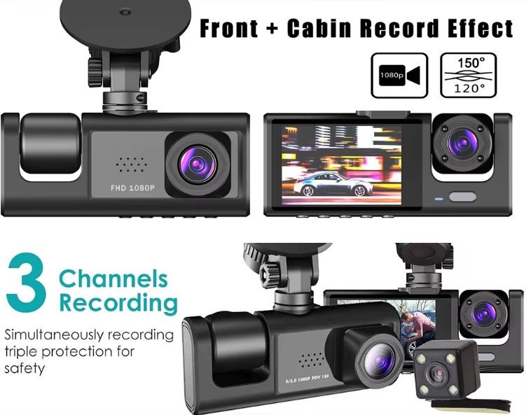 24Hrs Monitor 1080P Dual 3 Lens Front, Inside, Rearview Car Dashcam Cameras Carousel 2