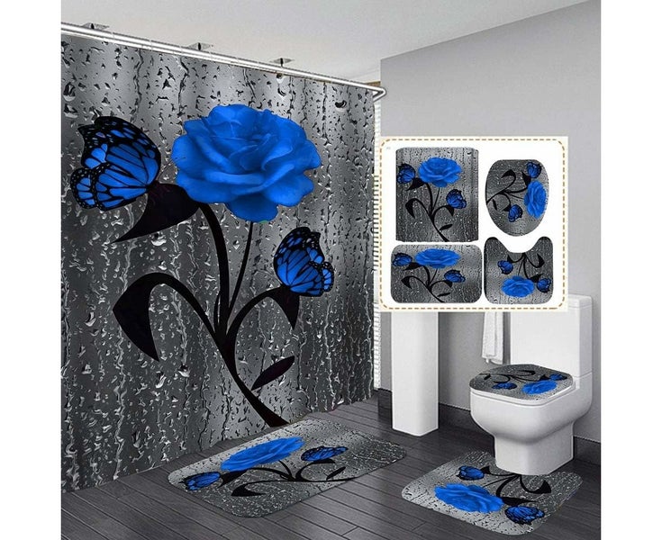 Floral Shower Curtain Sets with Non-Slip Rugs, Toilet Lid and Bath Mat, Rose Carousel 1