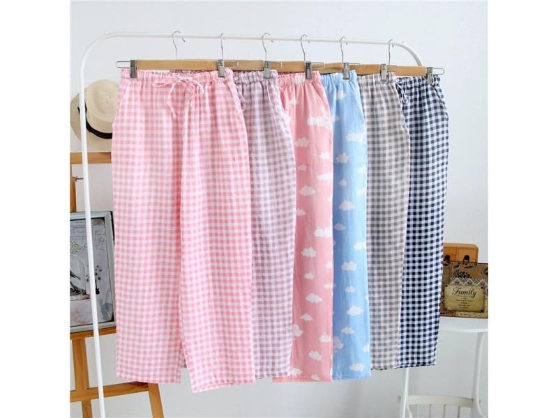 Summer Ladies Men's Knitted Cotton Plaid Pajama Pants Carousel 2