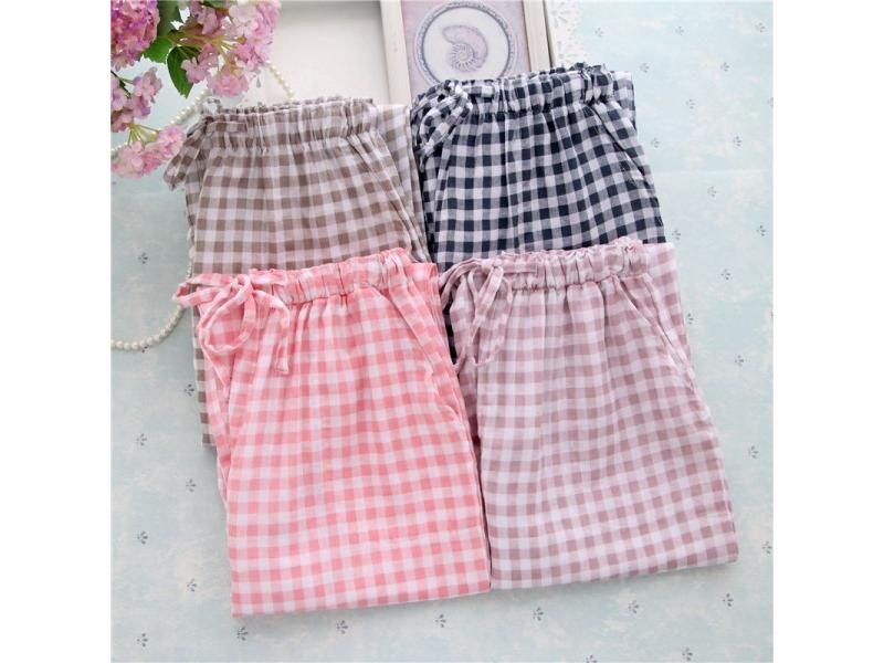 Summer Ladies Men's Knitted Cotton Plaid Pajama Pants Carousel 1