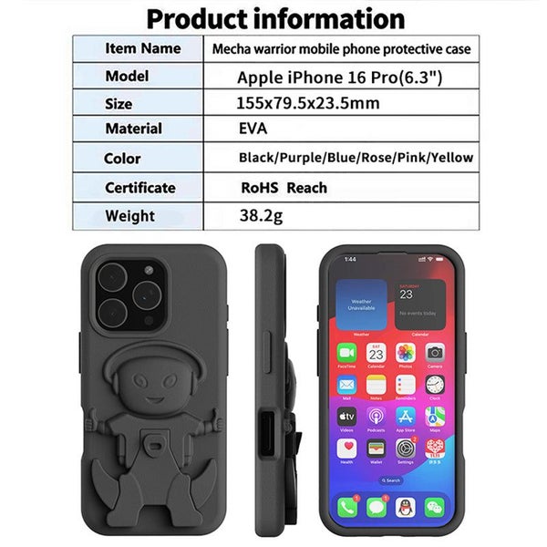 iPhone 16 Pro (6.3") Soft EVA Cartoon Robot Stand Phone Case (Black) Carousel 9